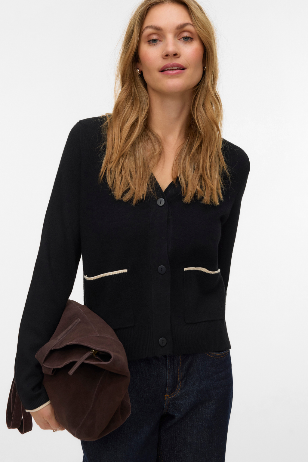 Kultainen V-aukkoinen kontrastineuletakki - musta W. Koivu