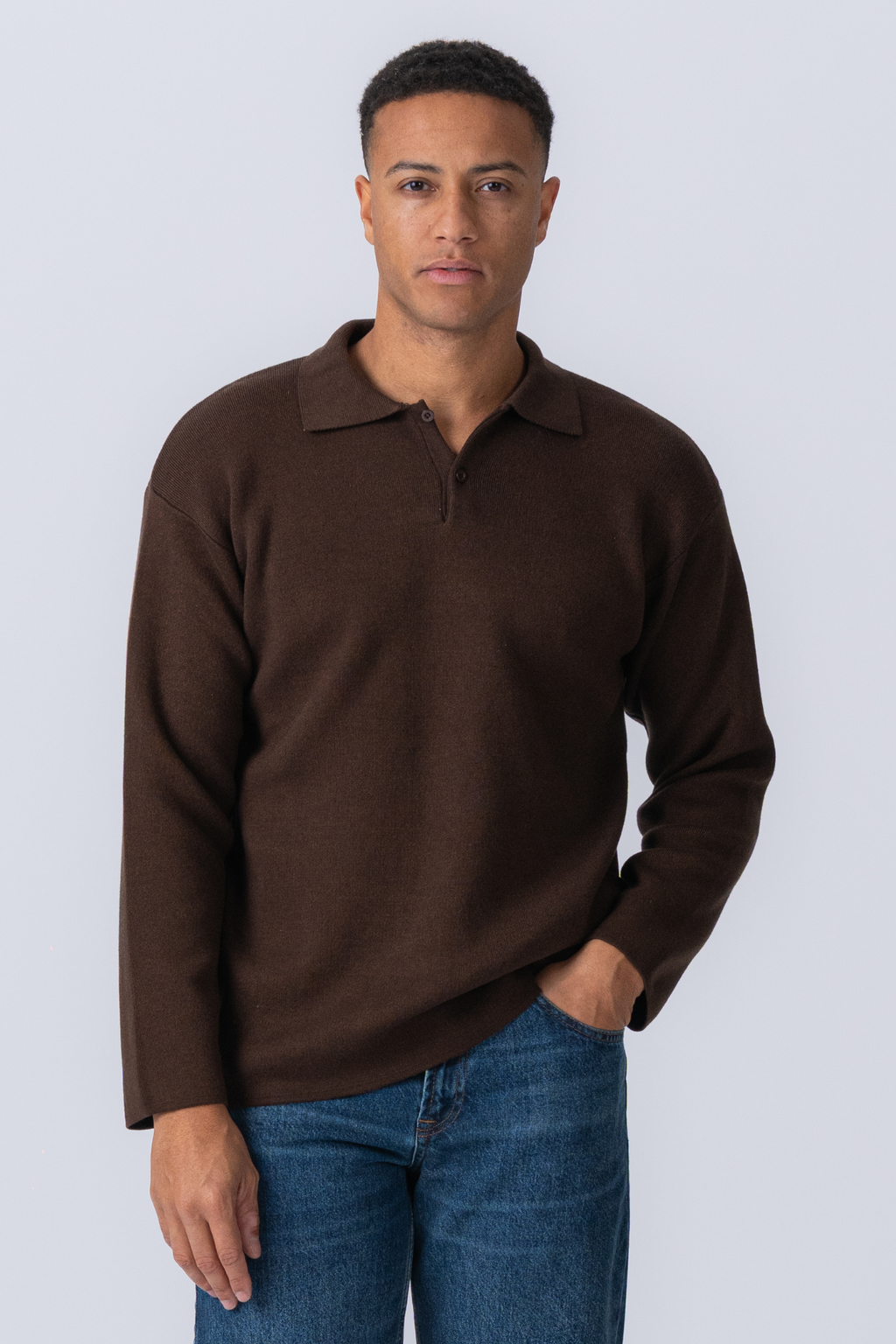 Neulottu pitkähihainen polo - vaaleanruskea