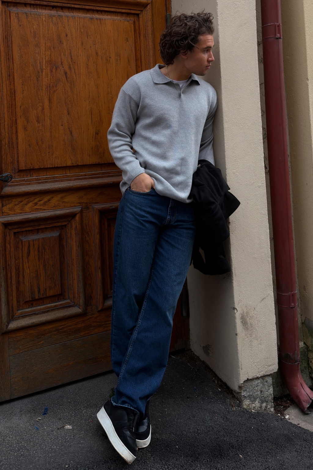 Neulottu pitkähihainen polo - harmaa