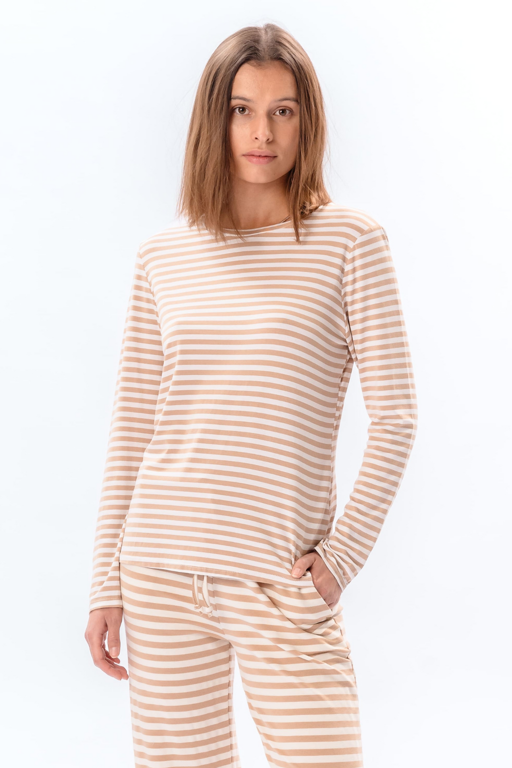 Raidallinen pitkähihainen Slim Fit - Beige