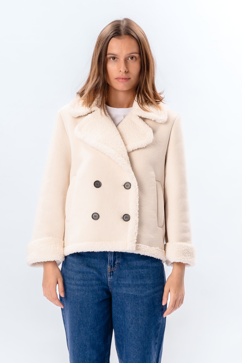 Shearling lyhyt takki - Chalk