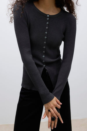 Ukino o -kaula neulottu neuletakki - tummanharmaa melange