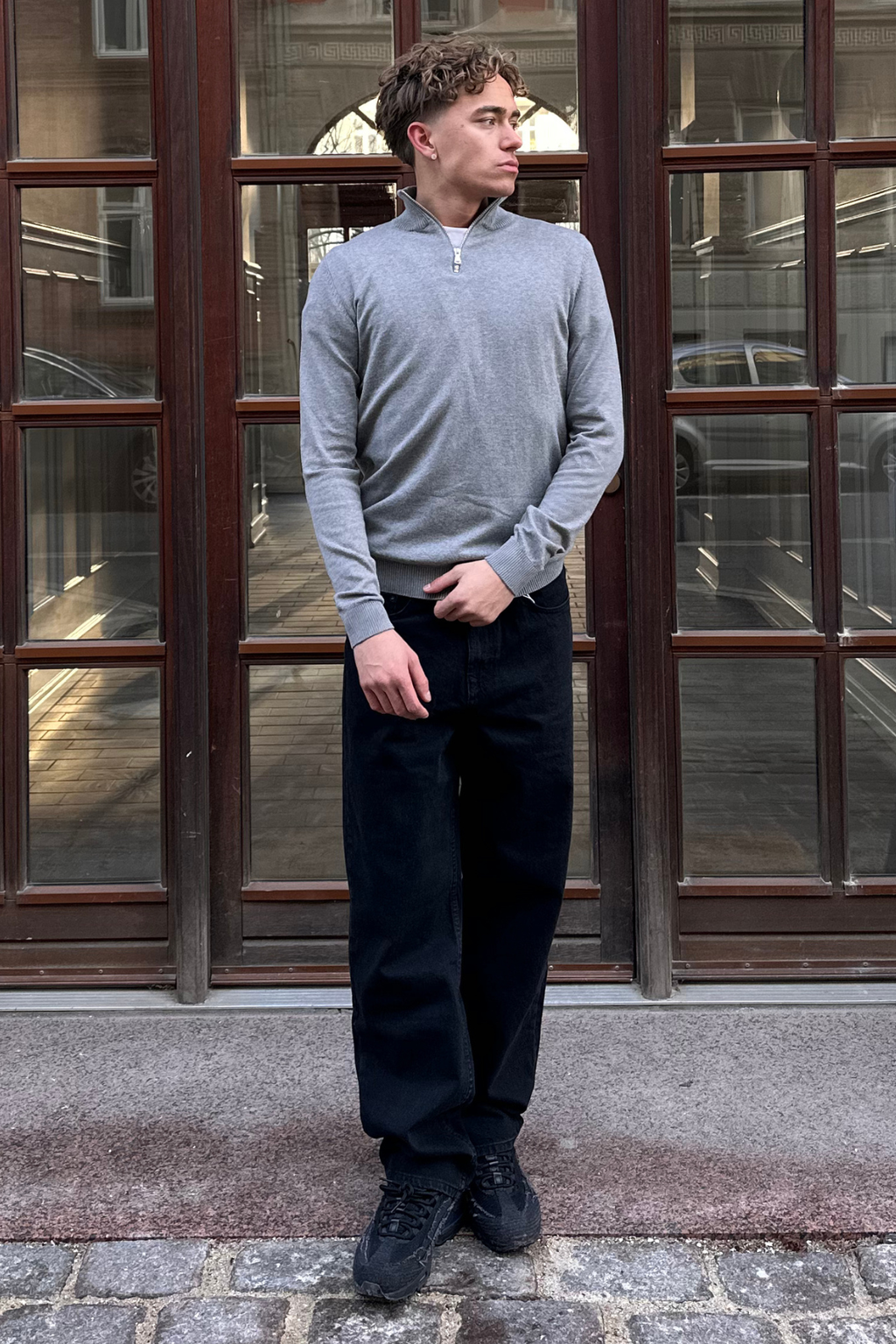 Puoliksi vetoketjullinen villapaita - Harmaa Melange