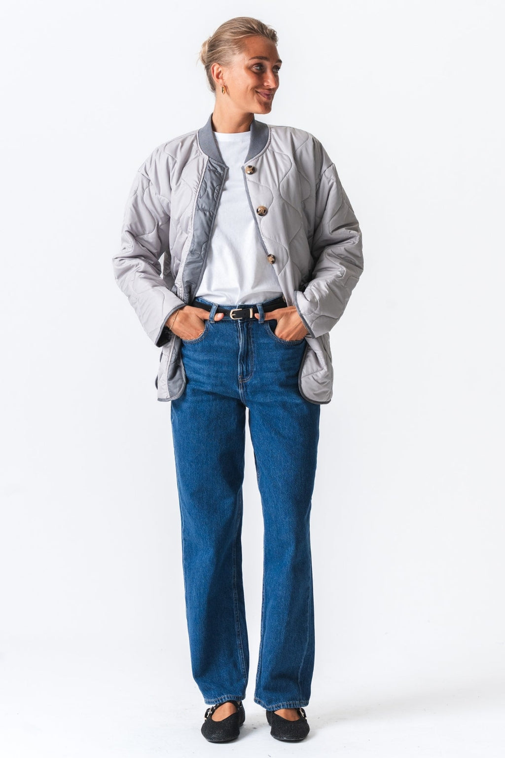 Tikattu lohkotakki - harmaa