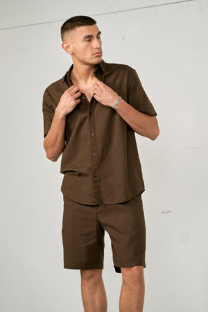 Pellavajoukko lyhythihainen paita + liinavaatteet Shorts - Kahvi (paketti)