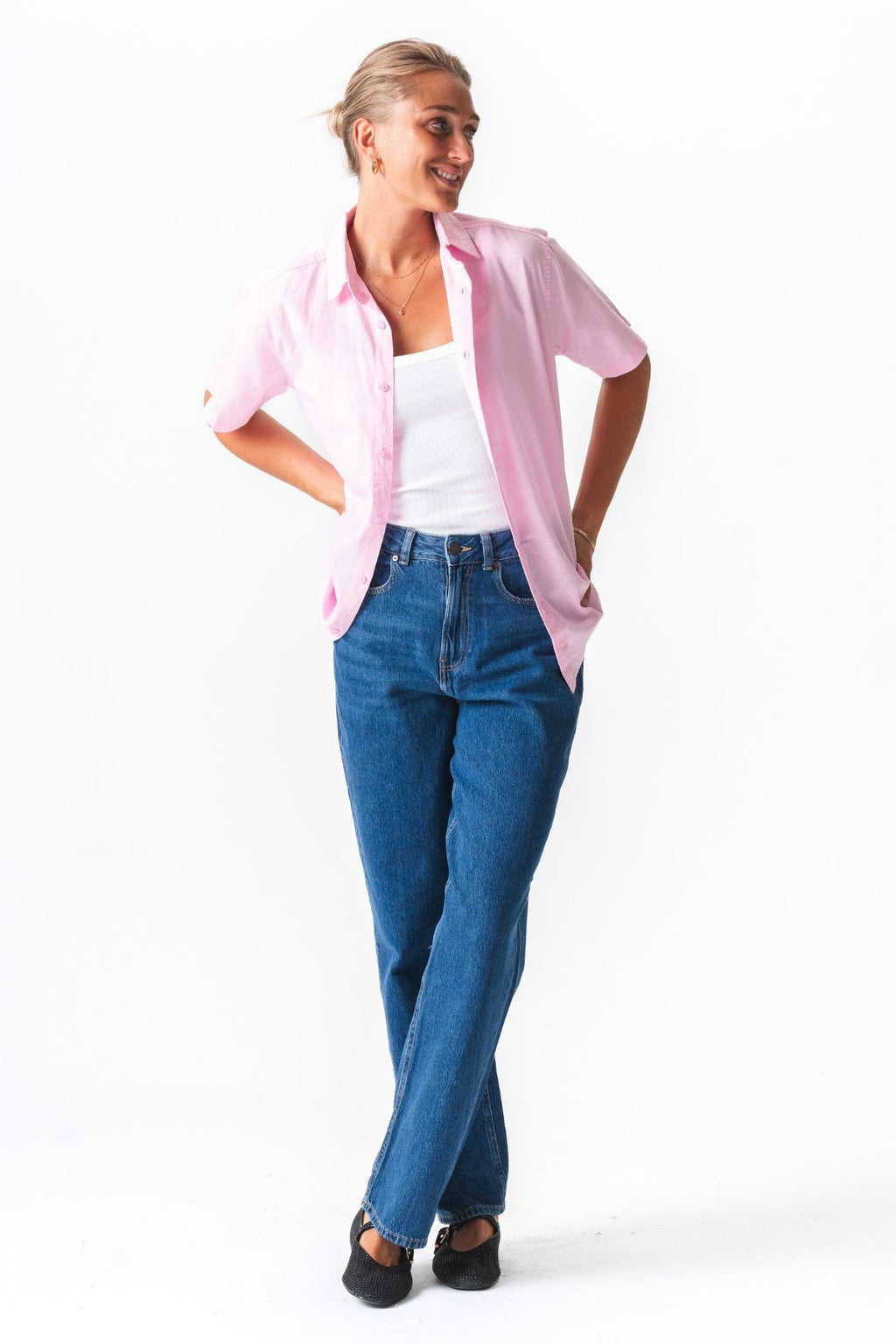 Lyhyen hihan pellavapaita - vaaleanpunainen