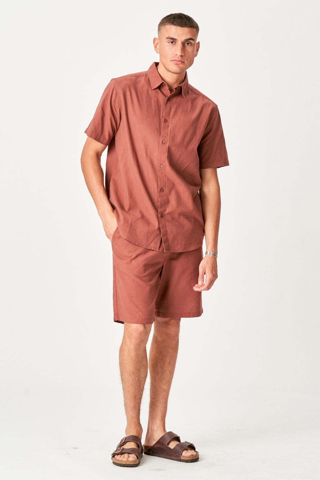 Pellavajoukko lyhythihainen paita + liinavaatteet Shorts - Terracotta (paketti)