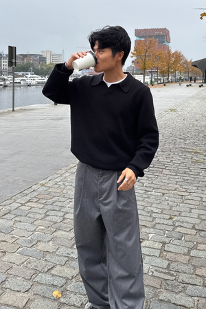 Neulottu pitkähihainen polo - musta