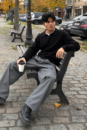 Neulottu pitkähihainen polo - musta