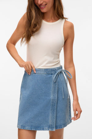 Liza Lyhyt Denim Wrap Hame - Medium Blue Denim