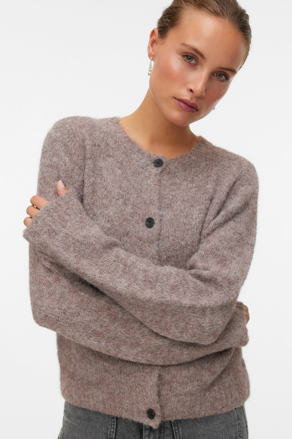 Novah O-neck Button Cardi - ruskea linssimelange